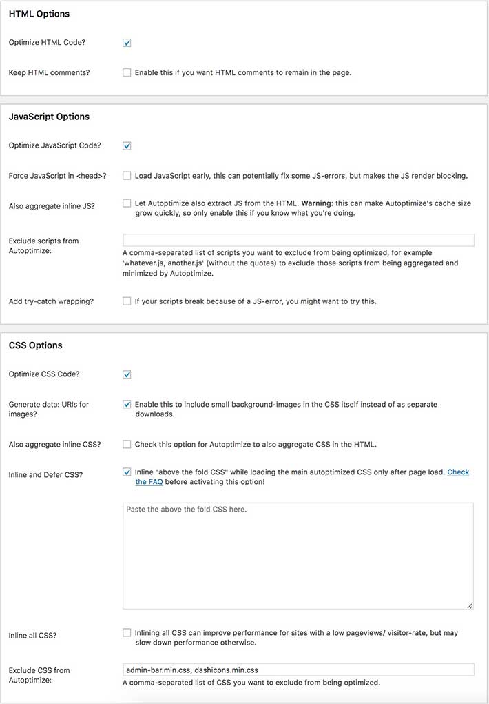 Ideal Autoptimize Settings 